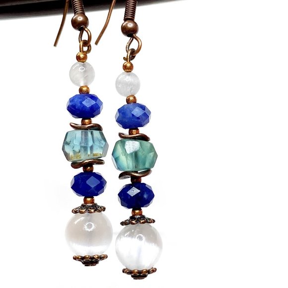 Selenite Blue Fluorite Sodalite Copper Earrings - Picture 7 of 8